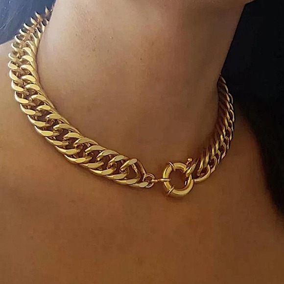 Statement Curb Gold Plated Cuban Chain Toggle O Ring Chunky Choker Necklace - Picture 3 of 9